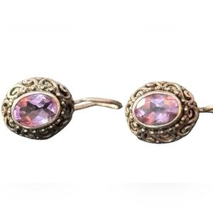 Vintage 925 Sterling Silver Amethyst Dangle Scrollwork Filigree Earrings